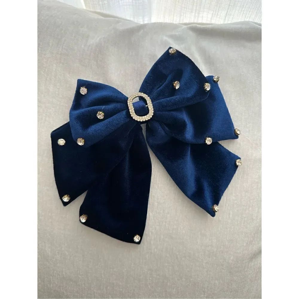 Sapphire, blue velvet, rhinestone, encrusted, hair bow with locking clip